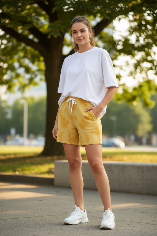 Female model mustard yellow tie dye shorts
