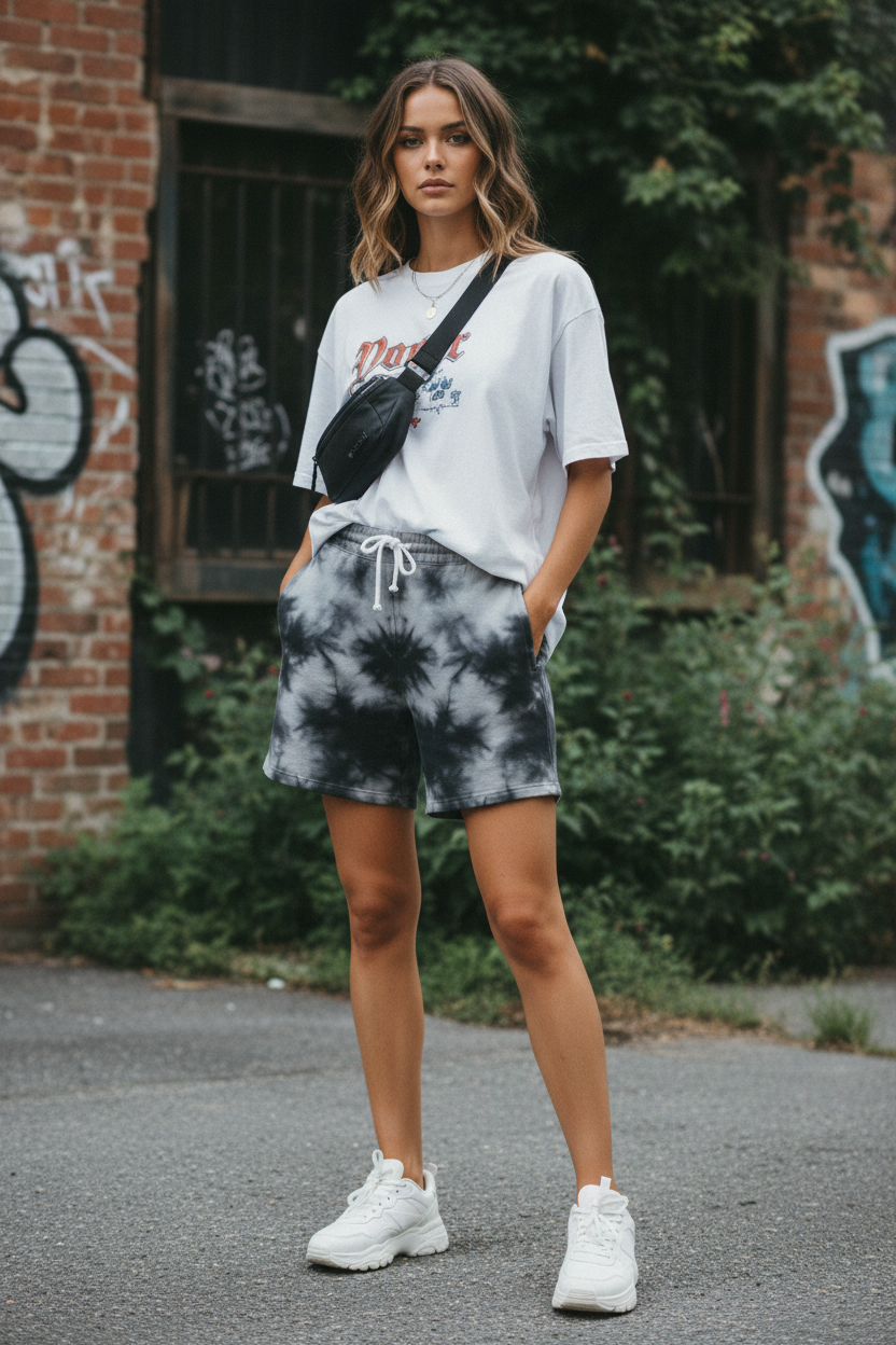 Female model black grey tie dye shorts
