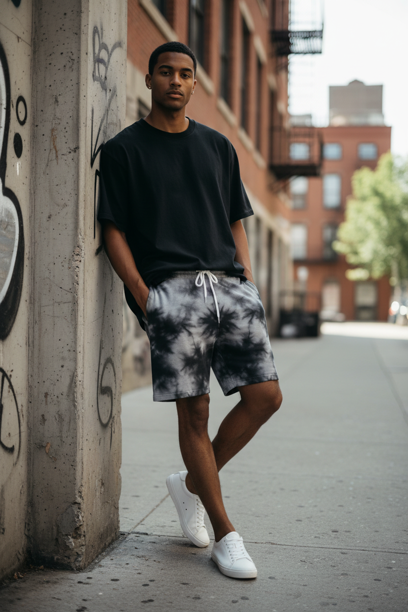 Male model black grey tie dye shorts