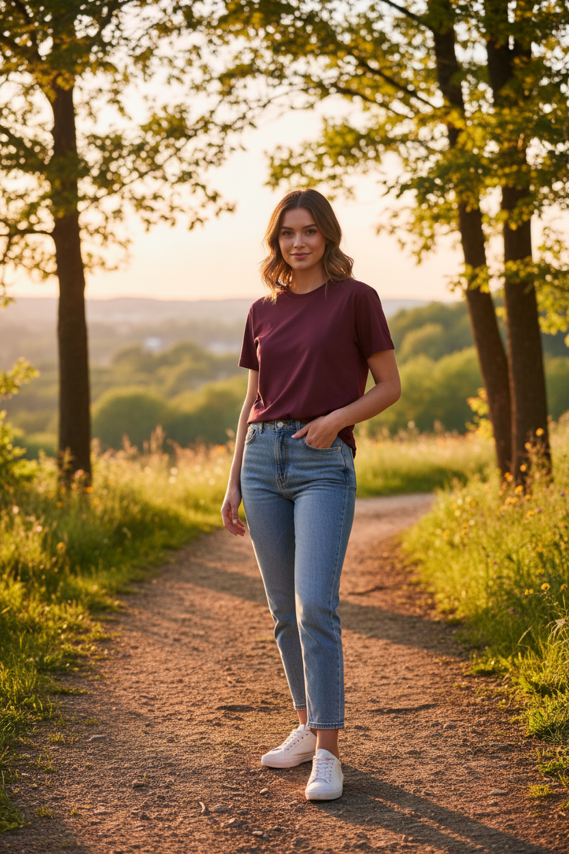 Maroon T-Shirt Female Model