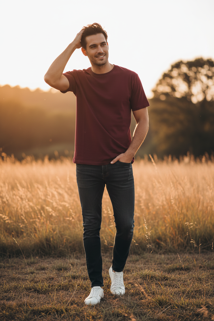 Maroon T-Shirt Male Model