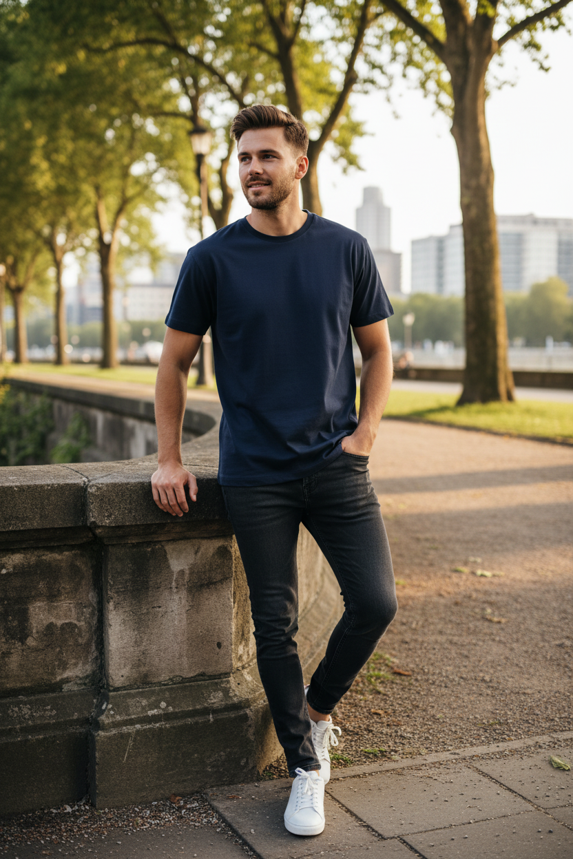 Navy Blue T-Shirt Male Model